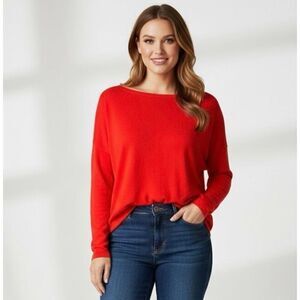 Eileen Fisher Boat Neck Long Sleeve Knit Red Sweater Top Large Cashmere wool sil